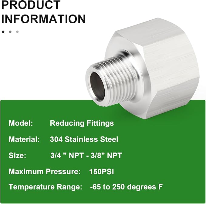 TAISHER 5PCS 304 Stainless Steel Pipe Fitting, 3/8" NPT Male x 3/4" NPT Female - Image 5