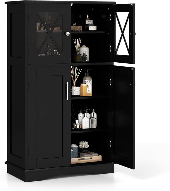 Tangkula Freestanding Floor Cabinet w/2 Glass Doors, 3-Level Adjustable Shelves by TANGKULA