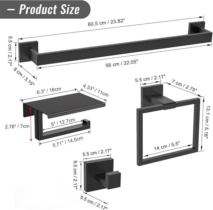 YACVCL 5 Pieces Matte Black Bathroom Hardware Accessorie Set 23.6 Inch Towel - Image 6