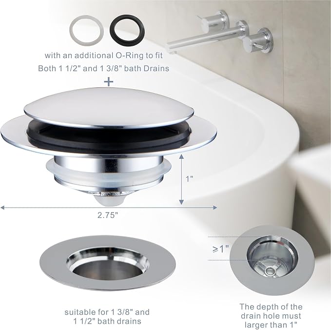 Chrome Plated Universal Tub Dain Stopper, Hidrop Pop Up Bath Drain Tip Toe - Image 8