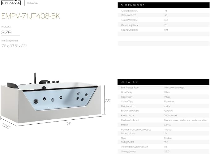 Empava Acrylic Whirlpool Bathtub, 71-Inch Jetted Bathtub - Image 9