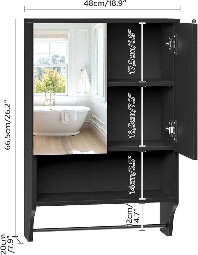 Bathroom Wall Cabinet with Mirror, Medicine Cabinet with 2 Door and Adjustable - Image 3