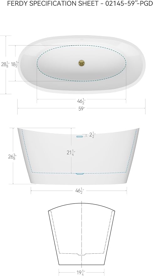 FerdY Naha Elite 59" Acrylic Freestanding Bathtub, Curve Edge Freestanding - Image 6