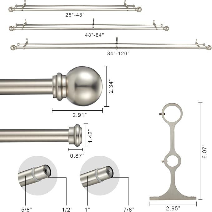 Double Curtain Rod 84 to 120 inch, Adjustable 1 inch Double Drapery Rod Rods - Image 3