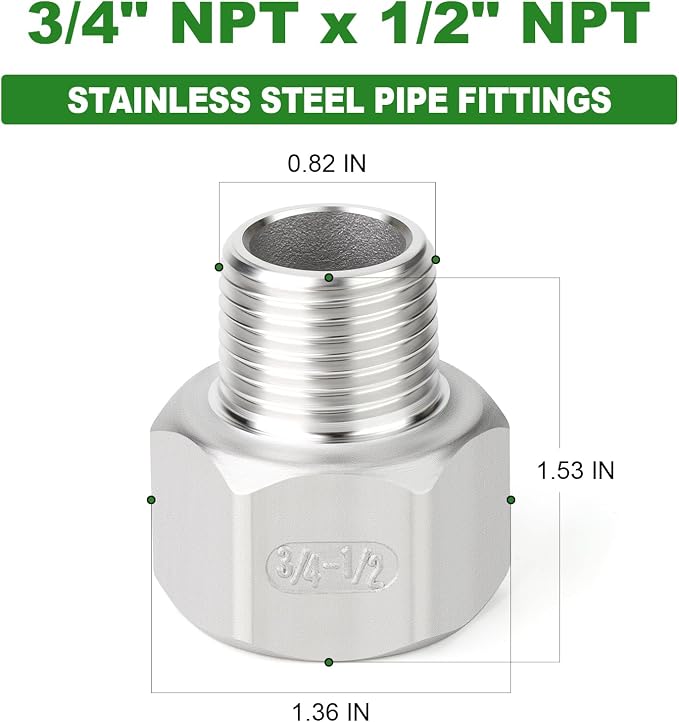 TAISHER 5PCS 304 Stainless Steel Pipe Fitting, 1/2" NPT Male x 3/4" NPT Female - Image 2