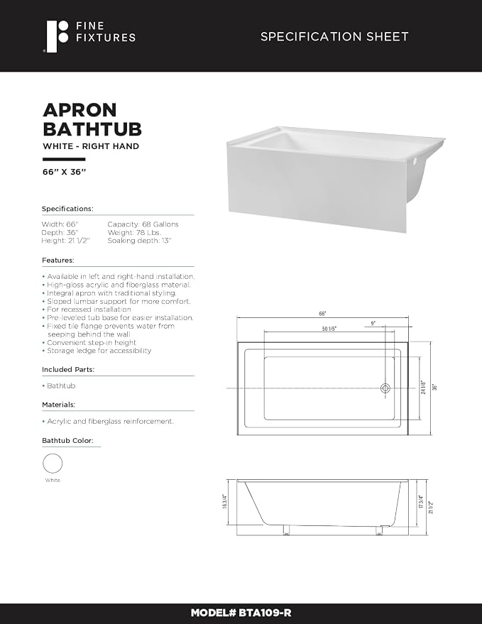 Fine Fixtures Acrylic, Fiberglass Alcove Soaking Bathtub - Image 9
