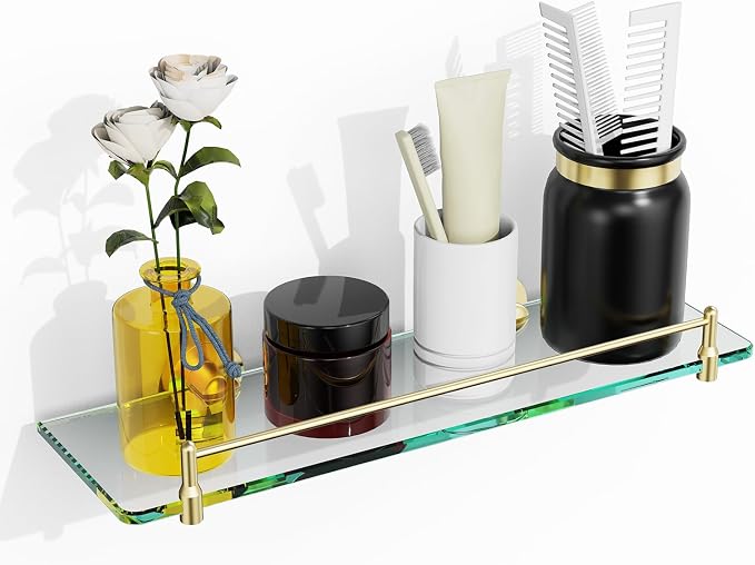 Glass Bathroom Shelves, Brushed Gold Floating Shelves by HOMELIFE
