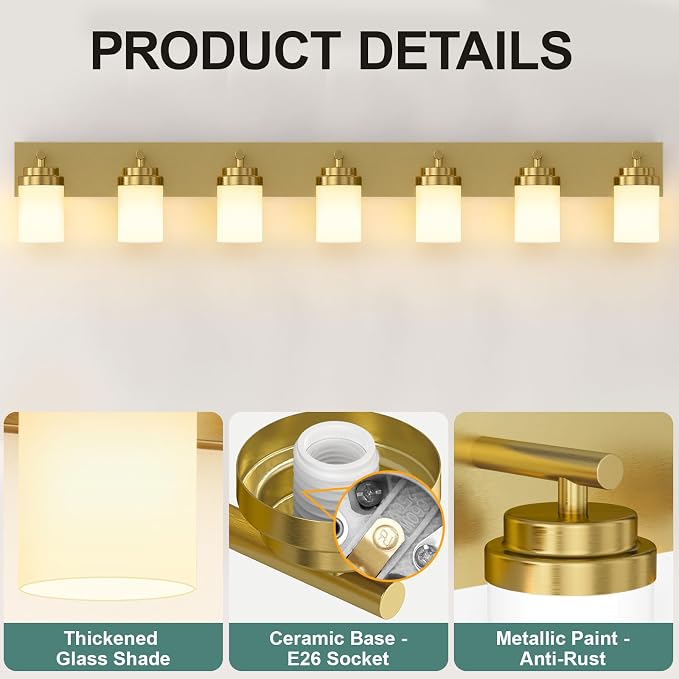 IZORRO Bathroom Vanity Light Fixture, 7-Light 51 Inch Gold Bathroom Light - Image 3