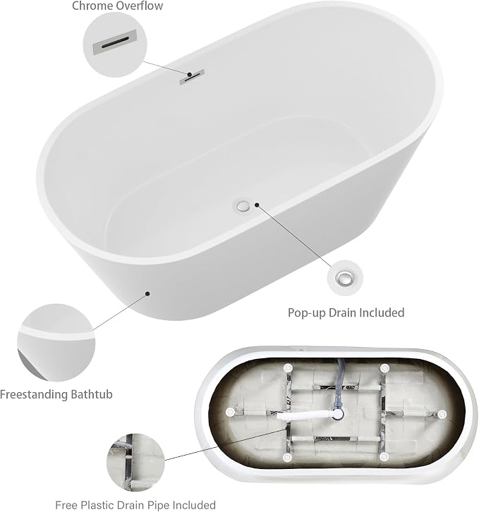 Logmey 59" Acrylic Freestanding Bathtub White Oval Shape Soaking Tub - Image 4