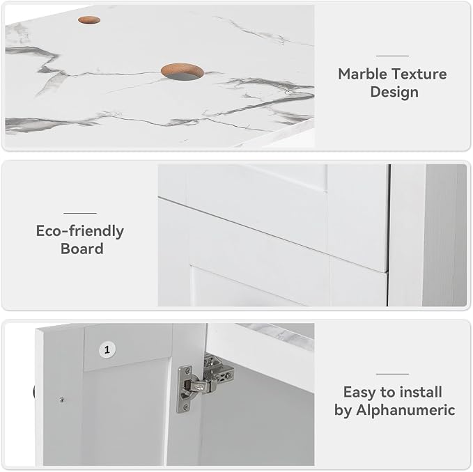 32" White Bathroom Vanity with Engineered Wood Marble Texture Top and 4 Drawers - Image 3