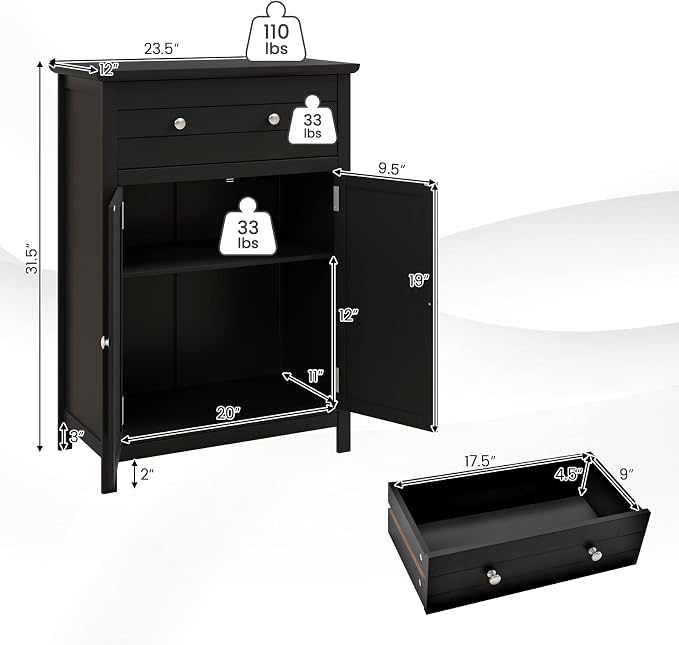 COSTWAY Bathroom Floor Cabinet, Wooden Side Storage Organizer w/Larger Drawer - Image 3