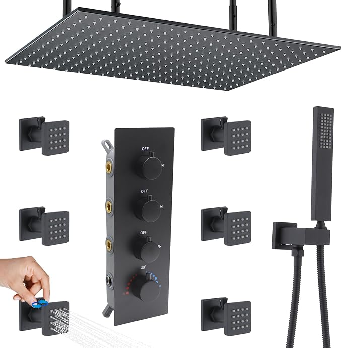 Matte Black Shower System 16 Inches Ceiling Mount Full Body Shower Faucet Set by Backnets