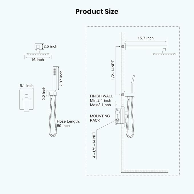 gotonovo Rainfall Bathroom Shower System Rain Shower Head and Handle Set Wall - Image 8