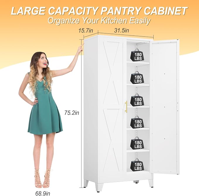 75" Tall Metal Kitchen Pantry Storage Cabinet, Freestanding Cupboard - Image 3