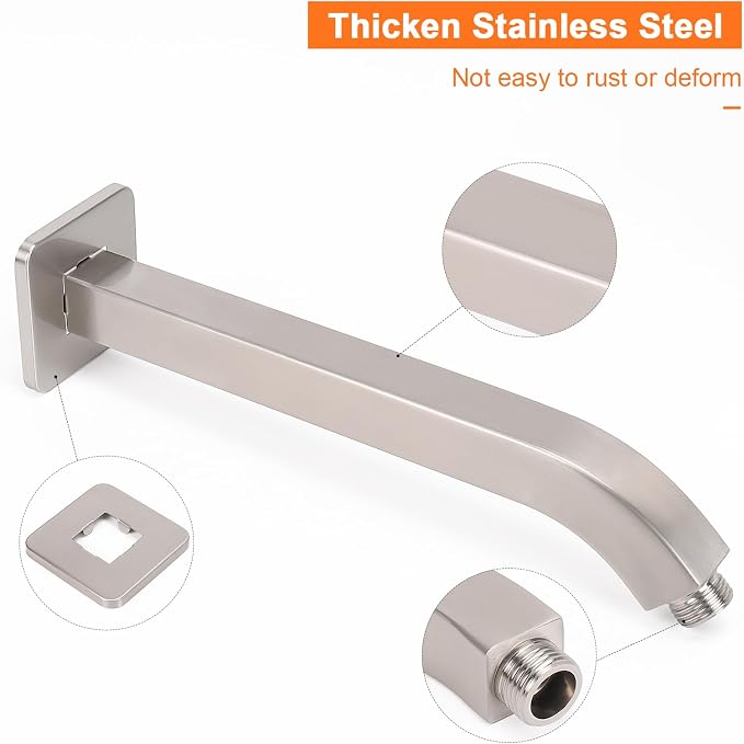 HarJue Shower Arm with Flange and Teflon Tape, Wall Mounted Square Shower Pipe - Image 3