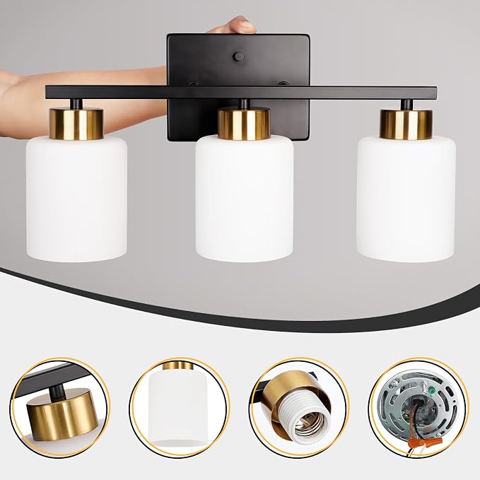 Black and Gold Bathroom Light Fixtures, 3-Light Modern Vanity Light Over Mirror - Image 7