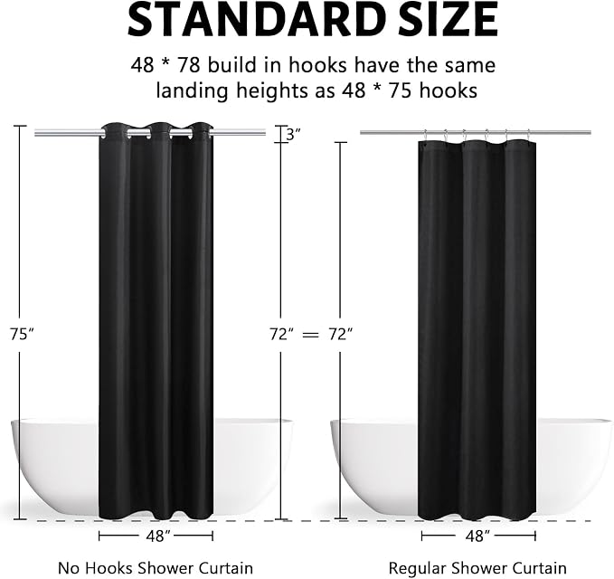 Furlinic No Hooks Needed Black Shower Curtain or Liner, Polyester Fabric - Image 6