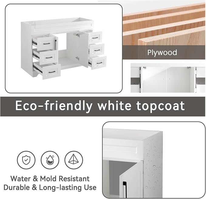 48” Bathroom Vanity Cabinet Without Sink, Modern White Bathroom Storage Cabinet - Image 5