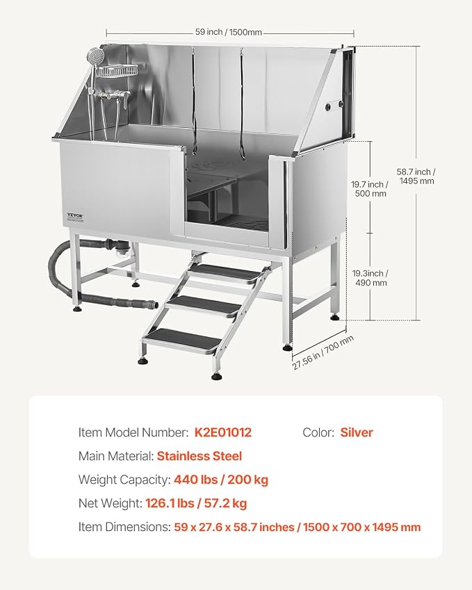 VEVOR Stainless Steel Dog Washing Station, 62 inch Pet Grooming Tub w/Stairs - Image 7