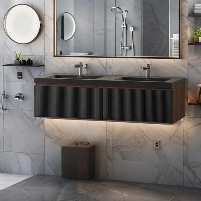 60'' Modern Floating Bathroom Vanity Sink Combo, Wall-Mounted Striped Cabinet by VUMALL
