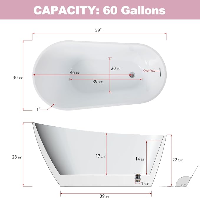 ABRUZZO 59"x27.56" Acrylic Freestanding Bathtub Contemporary Soaking Tub - Image 2