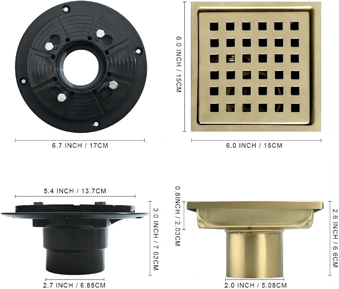 6 Inch Square Shower Floor Drain, Stainless Steel Flange - Image 4