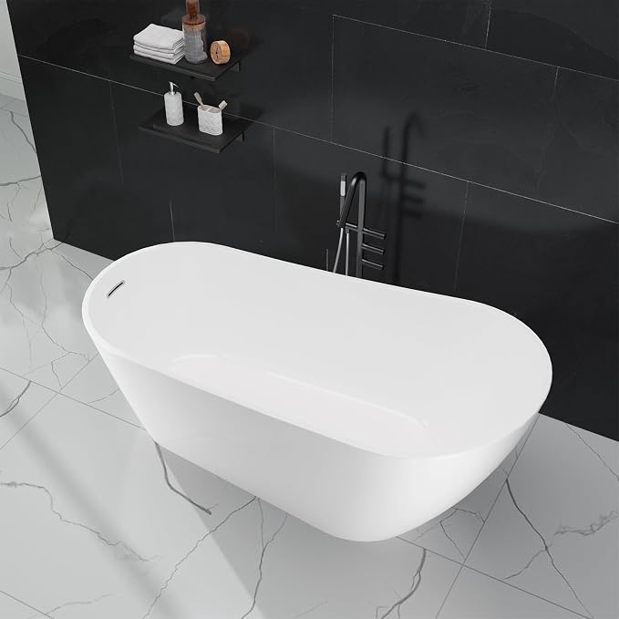 59 in Acrylic Freestanding Bathtub, Contemporary Stand Alone Tub, Glossy White - Image 2