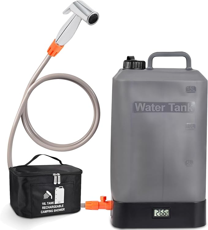 B. TAWD 4.5 Gallon Silicone Water Tank, Portable Camping Shower, USB Battery by Unknown