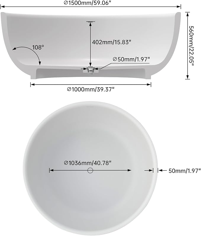59" x 59" Premium Solid Surface Freestanding Bath Tub, Upgraded Round Soaking - Image 4