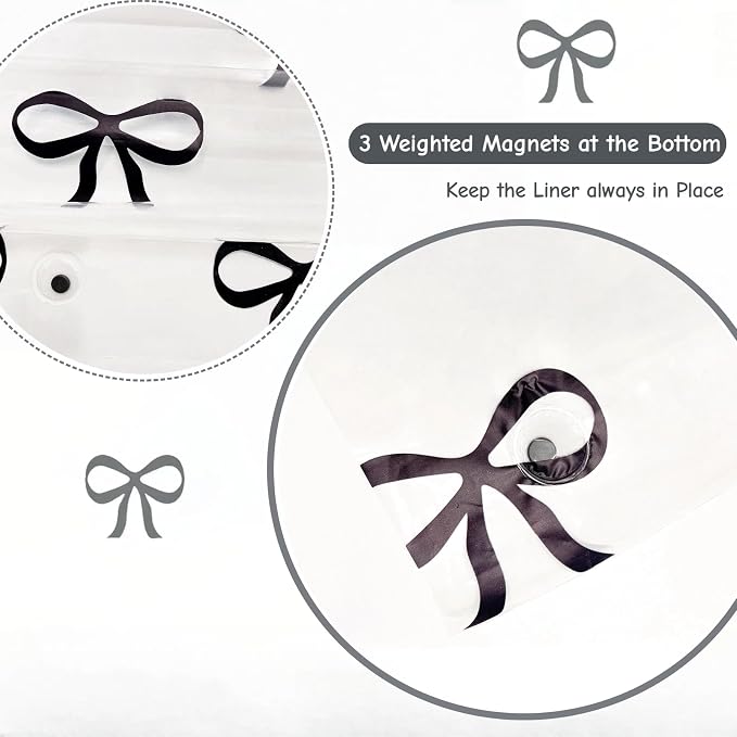 Clear Cute Black Bow Shower Curtain Liner, Plastic Transparent Girly Fancy - Image 6