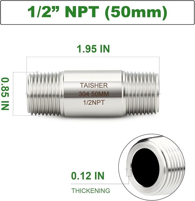 TAISHER 2PCS Stainless Steel Pipe Fittings, 1/2" NPT Male x 1/2" NPT Male - Image 2