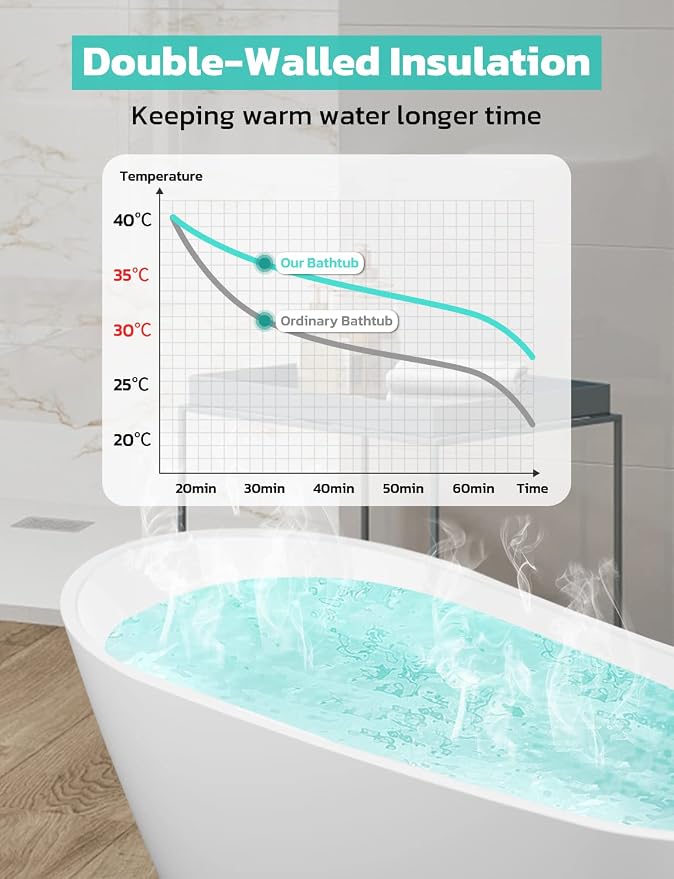 55 Inch Acrylic Freestanding Bathtub, Glossy White Contemporary Soaking Tub - Image 4