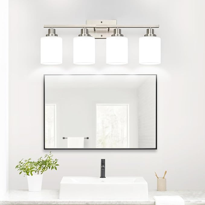 4-Light Vanity Light with Milky White Shades, Brushed Nickel Bathroom Lighting - Image 7