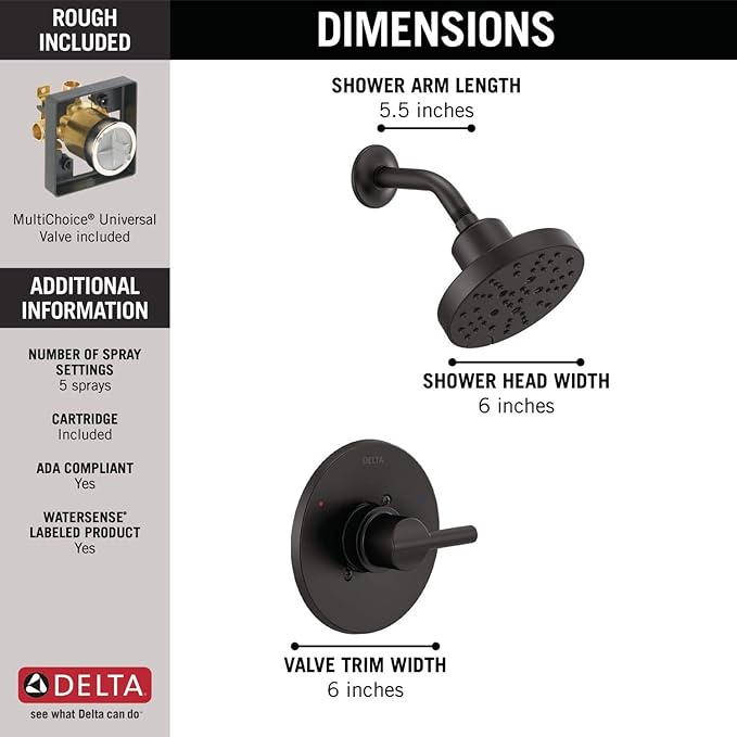 Delta Nicoli 14 Series H2Okinetic Shower Faucet Set, Matte Black Shower Head - Image 4