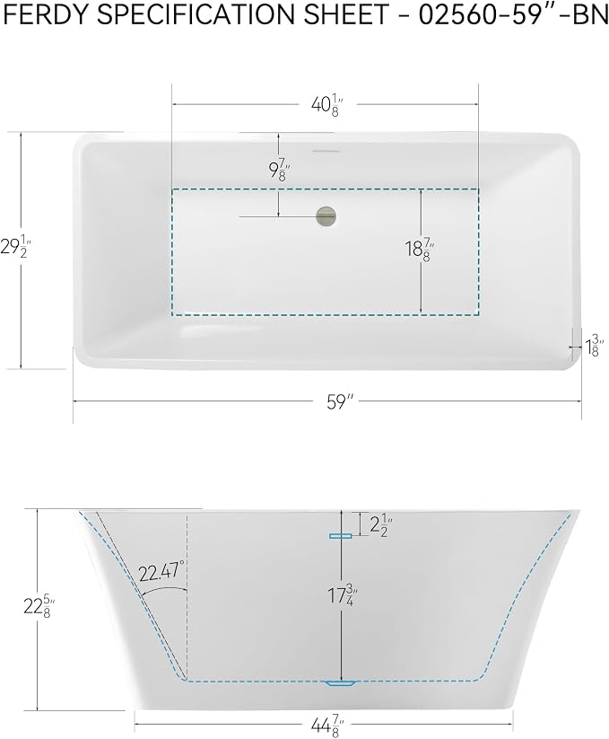 FerdY Sentosa 59" Acrylic Freestanding Bathtub, Contemporary Design Soaking Tub - Image 4