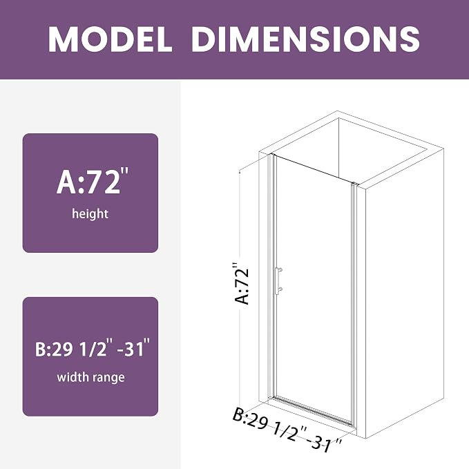 Glass Shower Door 29.5-31" W x 72" H, Semi-Frameless Pivot Shower Door - Image 9
