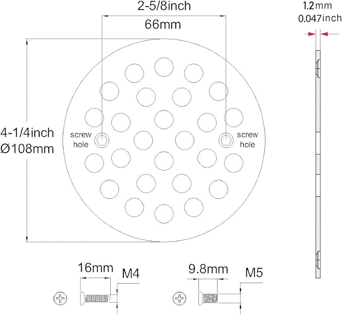 4-1/4” Round Shower Drain Cover, Screw-in Shower Drain Strainer, - Image 2