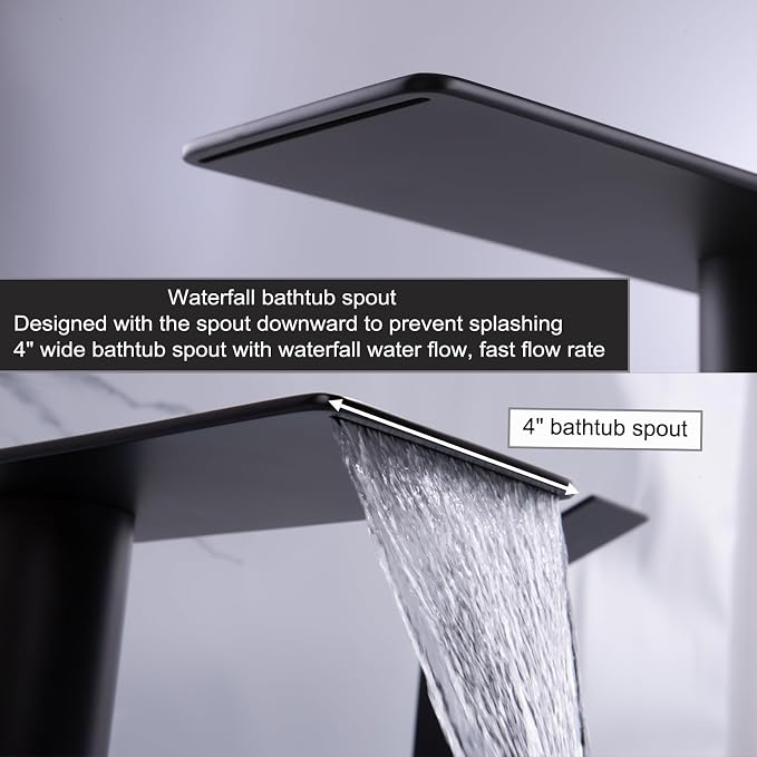 Roman Tub Faucet with Hand Shower, Matte Black Deck Mount Waterfall Tub Faucet - Image 4