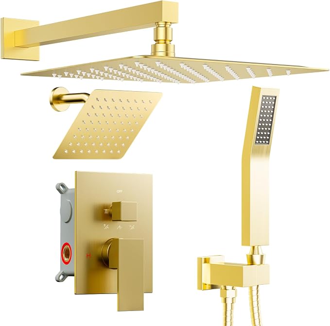 Shower Faucet Set Brushed Gold Shower System, STARBATH 12+6" Dual Rain Shower by STARBATH