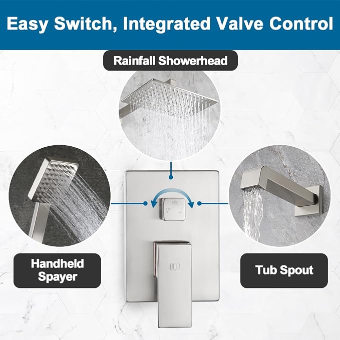 POP SANITARYWARE Shower Tub Faucet Set Brushed Nickel Bathroom Shower System - Image 6