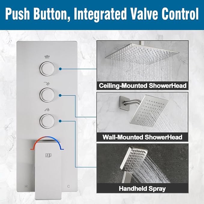 POP SANITARYWARE Shower Faucet Set Brushed Nickel Bathroom Rainfall Shower - Image 5