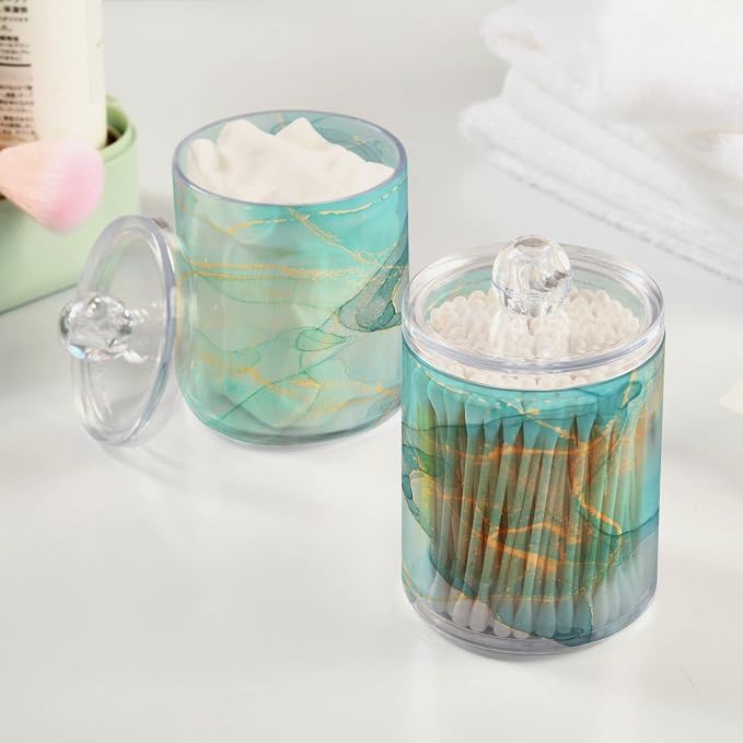 MNSRUU 2 Pack Qtip Holder Organizer Dispenser Modern Art Marble Teal Bathroom - Image 5