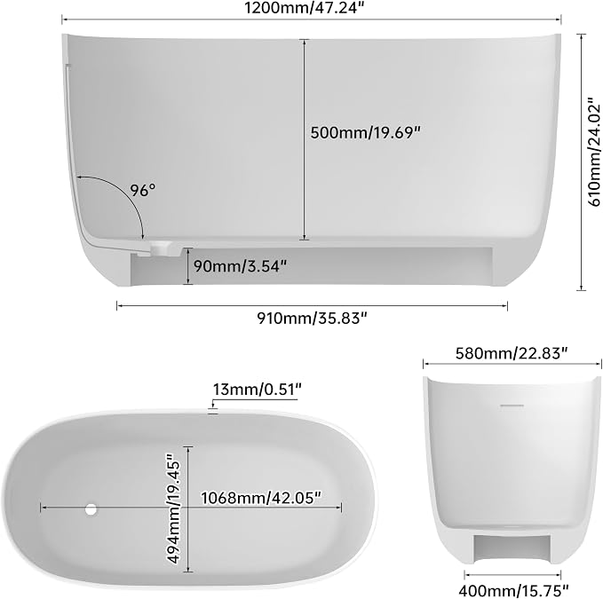 SJ STAR&JANE 47" Solid Surface Freestanding Bathtub Modern Stone Resin Oval - Image 7