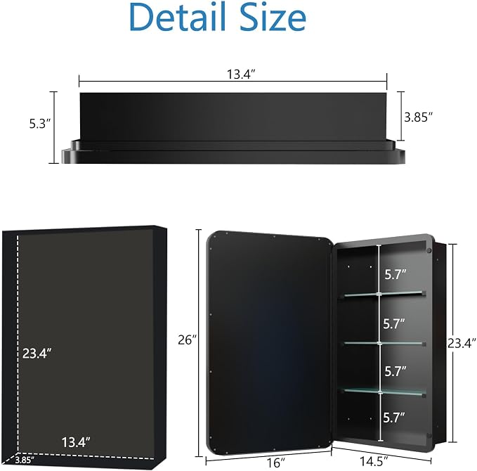 Bathroom Medicine Cabinet with 16"x26" Stainless Steel Framed Mirror, Recessed - Image 2