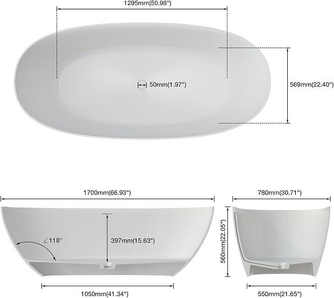 67" Premium Solid Surface Freestanding Bathtubs, Upgraded Matte White Modern - Image 4