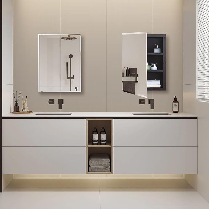 Black Plastic Bathroom Medicine Mirror Cabinet Beveled Edge, 16 x 20 inch - Image 2
