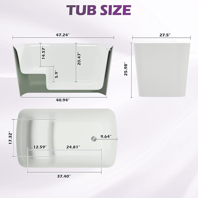 47" Lucite Acrylic Freestanding Bathtub，Square Shape Janpanese Soaking Tub - Image 4