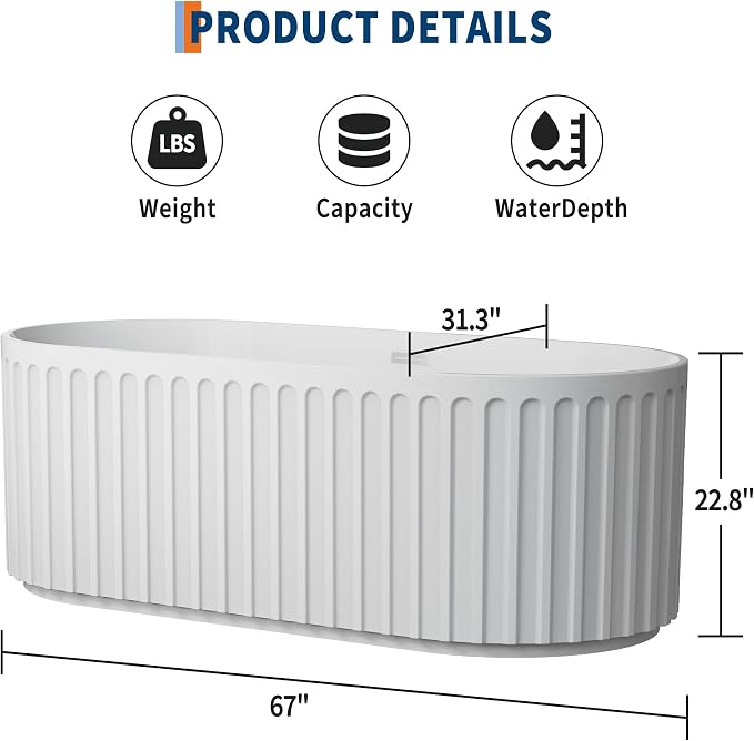 GarveeLife Freestanding Bathtubs 67 inch White Acrylic Free Standing Soaking - Image 3