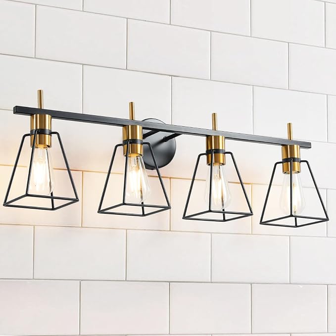 Industrial Bathroom Vanity Lights: 4 Light Black and Gold Vintage Metal Cage by HAHZT
