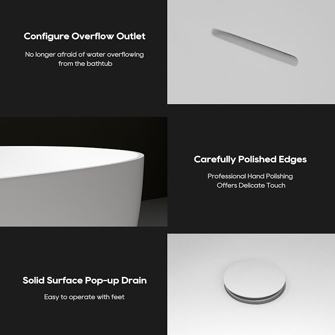 SJ STAR&JANE 59" Freestanding Solid Surface Bathtub, Oval Stone Resin Soaking - Image 6